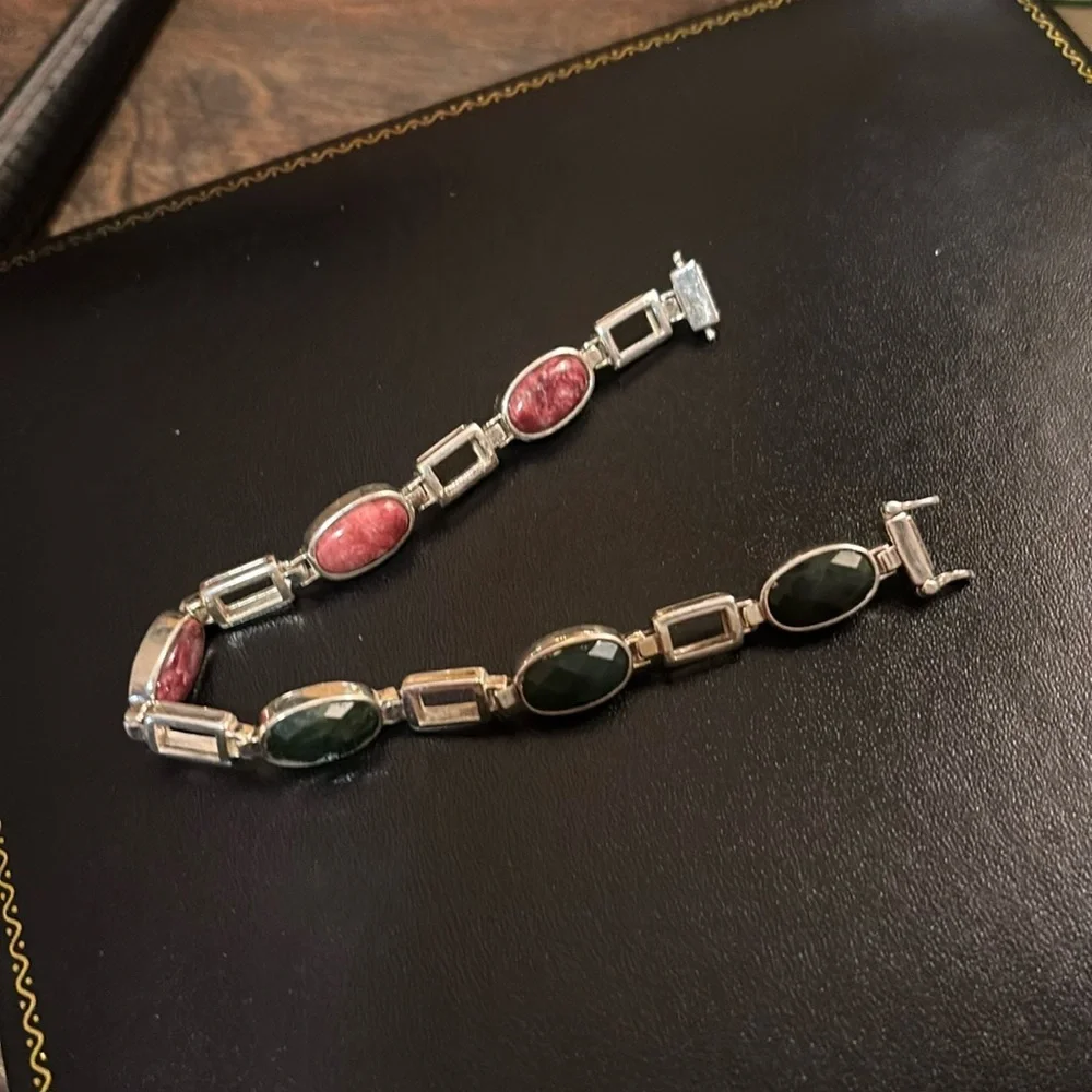 Vintage, Jay King, Silver, Pink Thulite & Nephrite Jade Reversible Link Bracelet - Picture 1 of 8